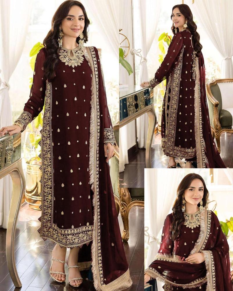 3 pcs Women's Stitched Crinkle Chiffon Embroidered Suit